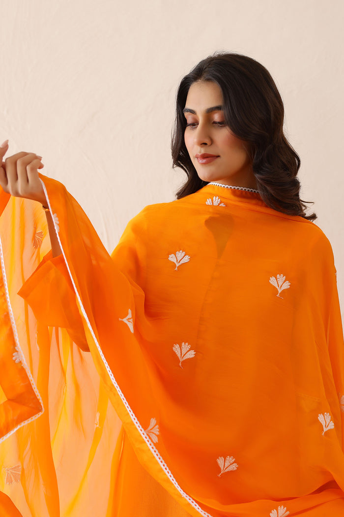 <img> Bright Orange Russian Silk Solid Kurti Set