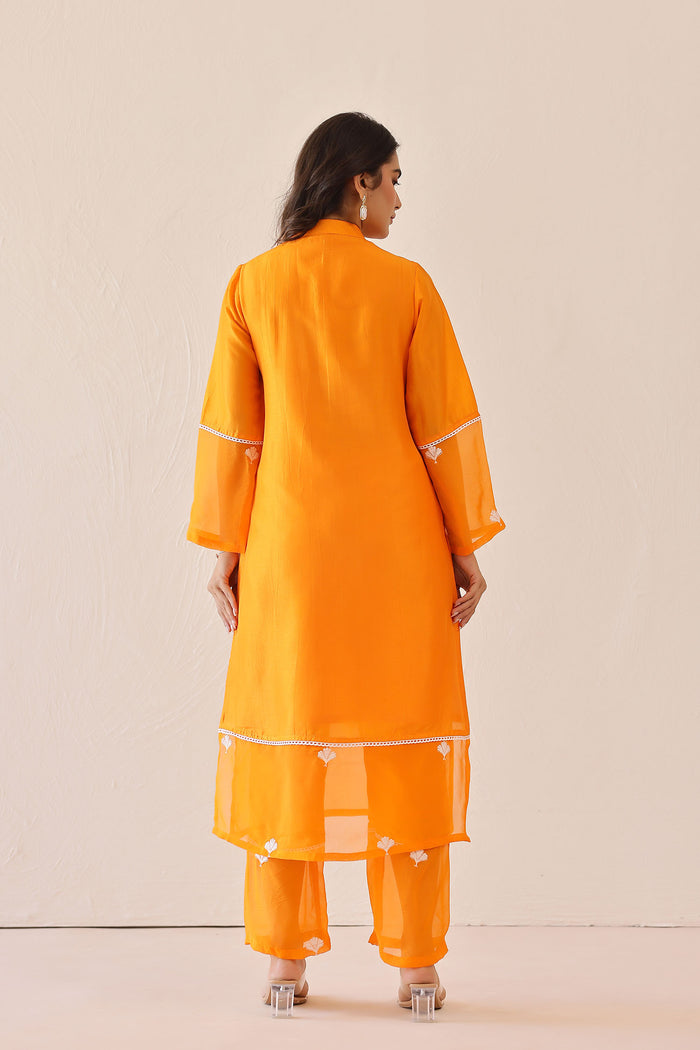 <img> Bright Orange Russian Silk Solid Kurti Set