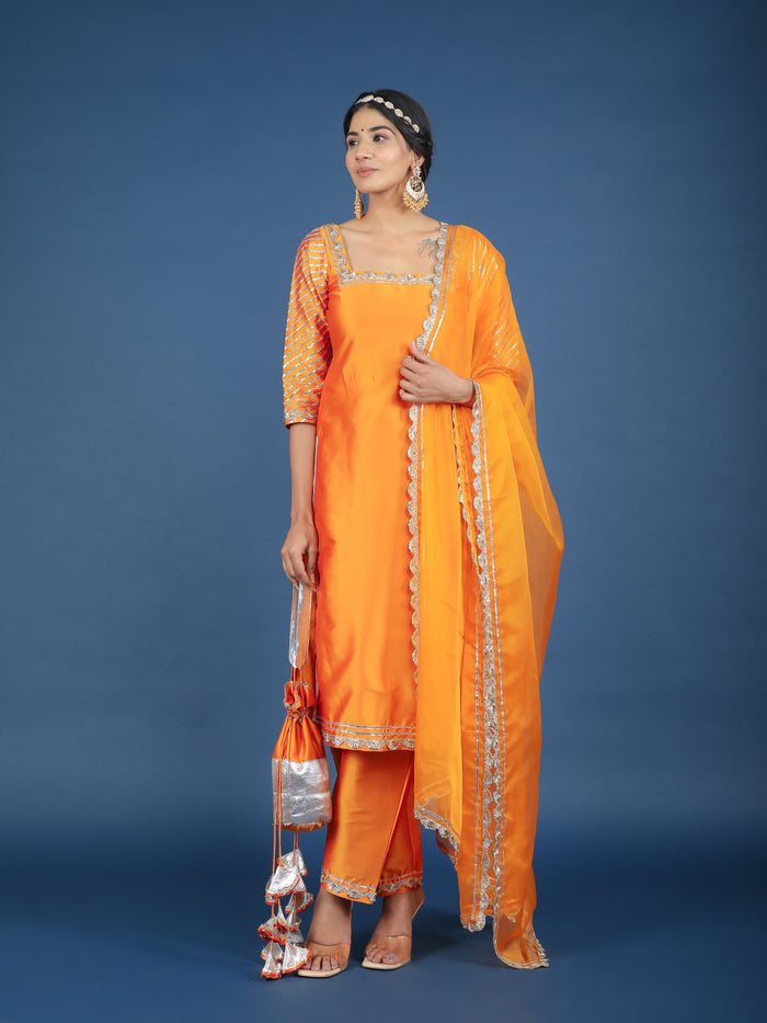 Bright Orange Square-Neck Organza Tissue Salwar Set