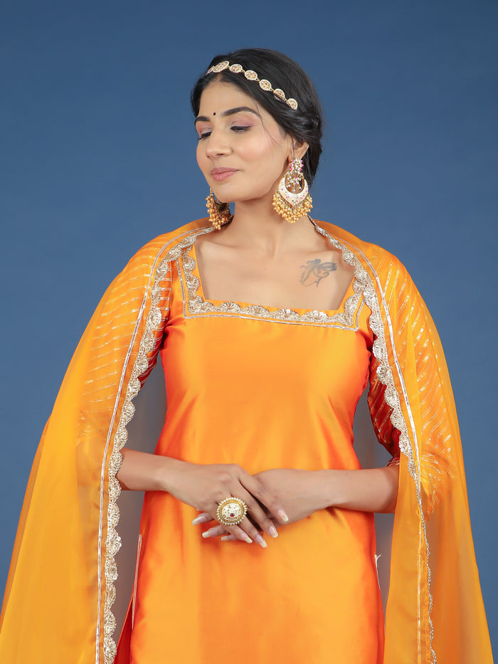 Bright Orange Square-Neck Organza Tissue Salwar Set