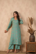<img> Bright Persian Green Santoon Embroidered Kurti Set