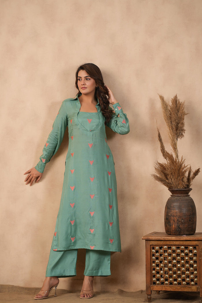 <img> Bright Persian Green Santoon Embroidered Kurti Set