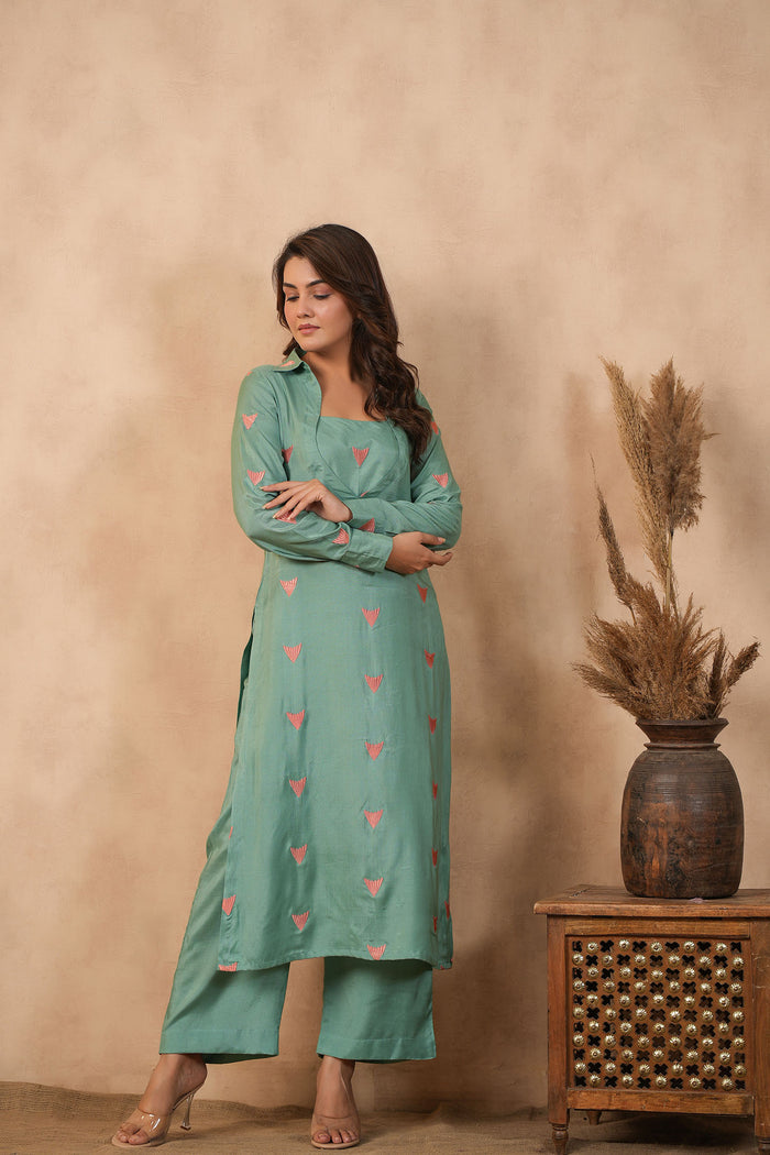 <img> Bright Persian Green Santoon Embroidered Kurti Set