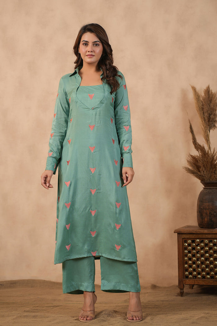 <img> Bright Persian Green Santoon Embroidered Kurti Set