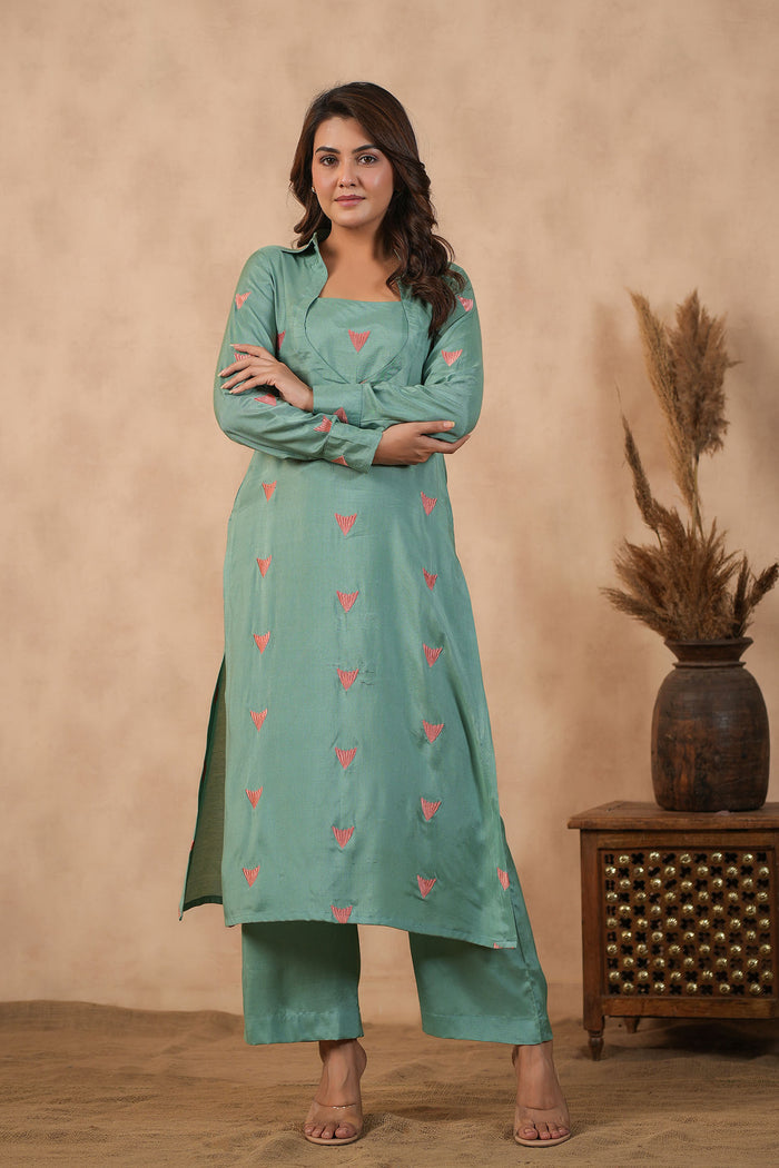 <img> Bright Persian Green Santoon Embroidered Kurti Set
