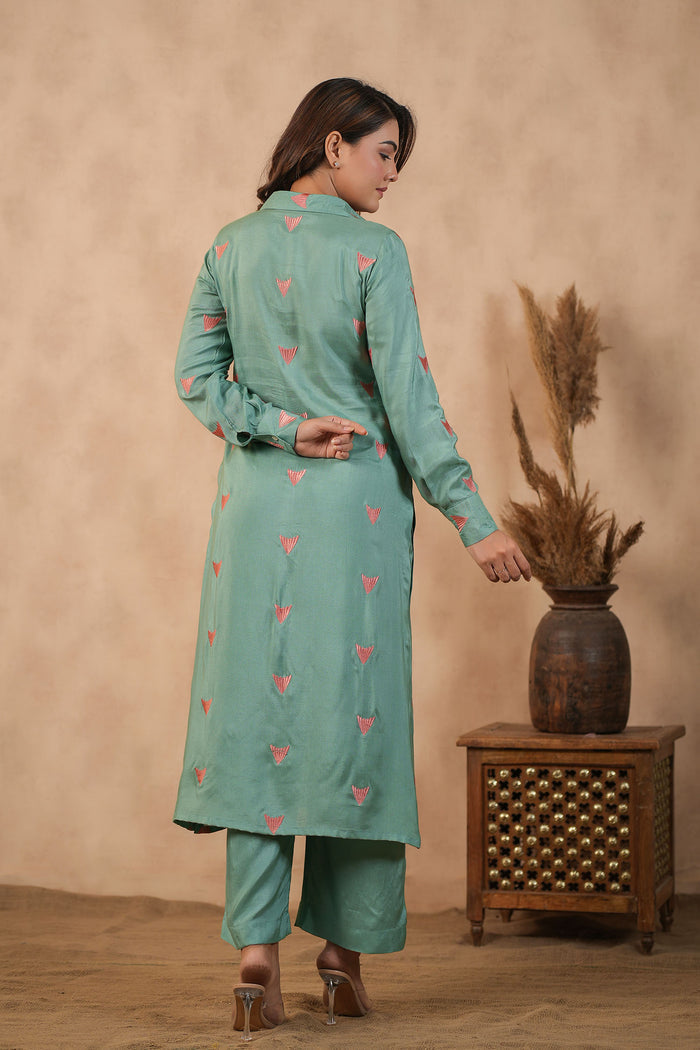 <img> Bright Persian Green Santoon Embroidered Kurti Set