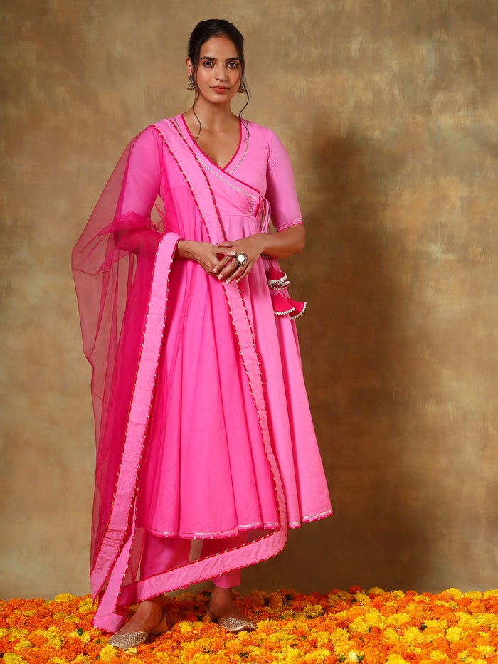 Bright Pink Angrakha Anarkali Set With Sheer Net Dupatta