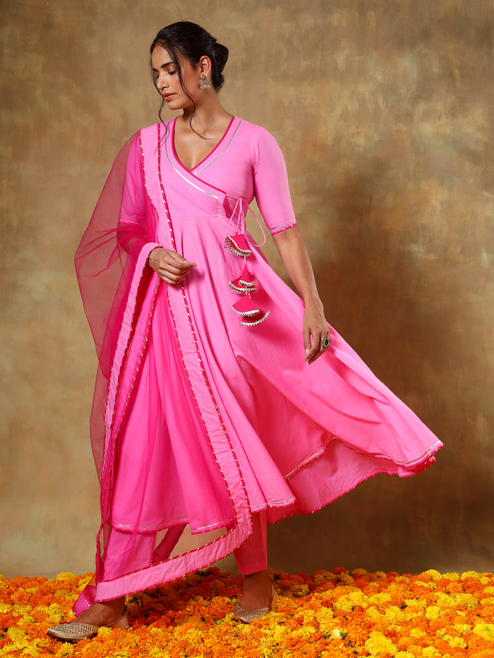 Bright Pink Angrakha Anarkali Set With Sheer Net Dupatta