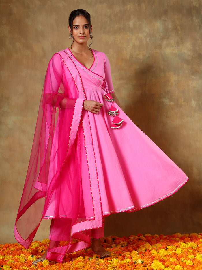 Bright Pink Angrakha Anarkali Set With Sheer Net Dupatta