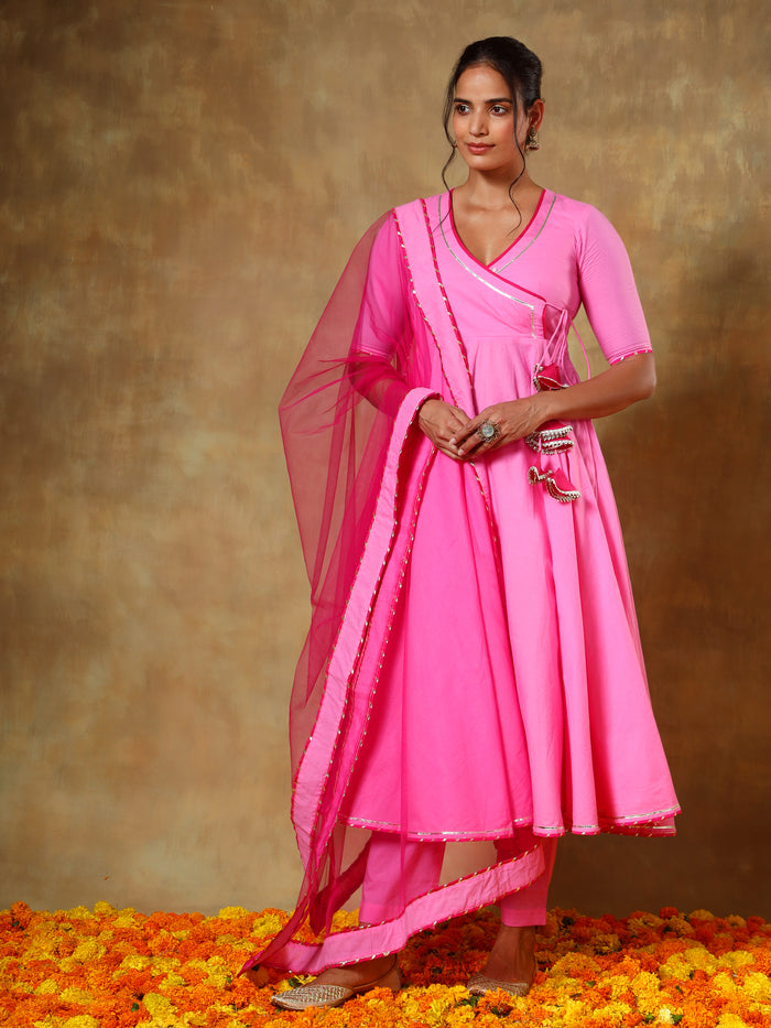 Bright Pink Angrakha Anarkali Set With Sheer Net Dupatta