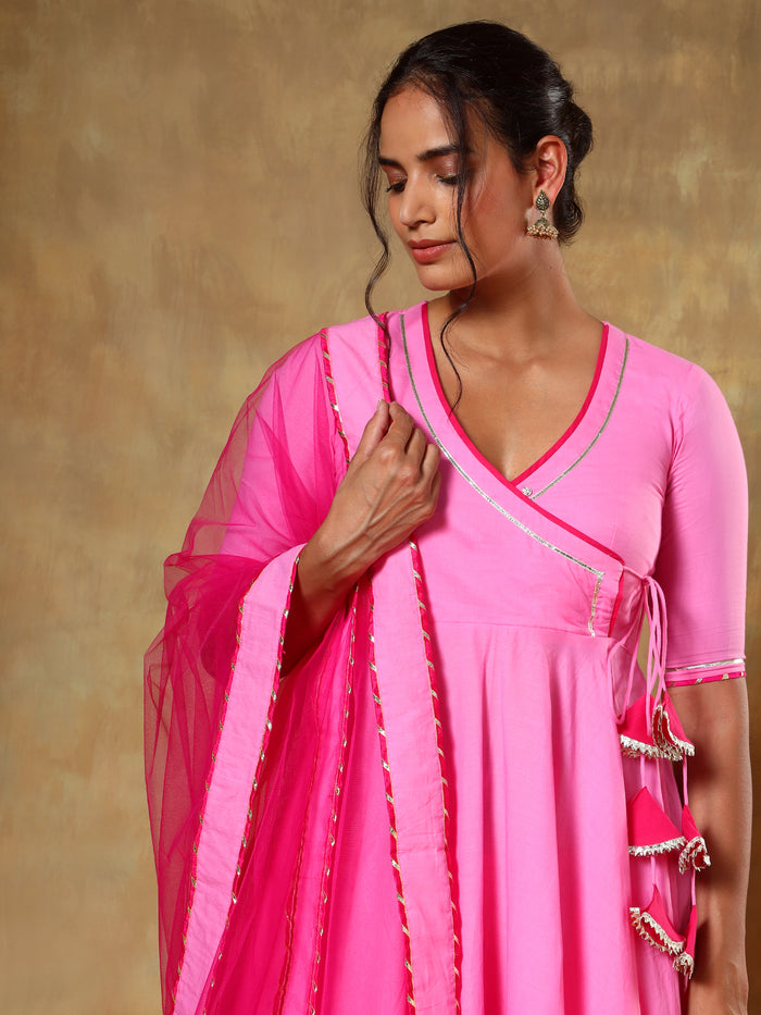 Bright Pink Angrakha Anarkali Set With Sheer Net Dupatta