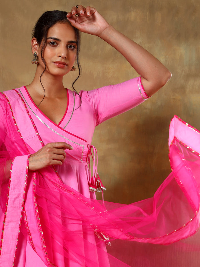 Bright Pink Angrakha Anarkali Set With Sheer Net Dupatta