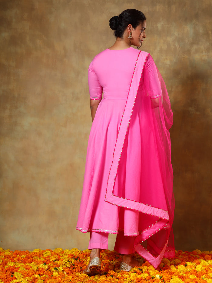 Bright Pink Angrakha Anarkali Set With Sheer Net Dupatta