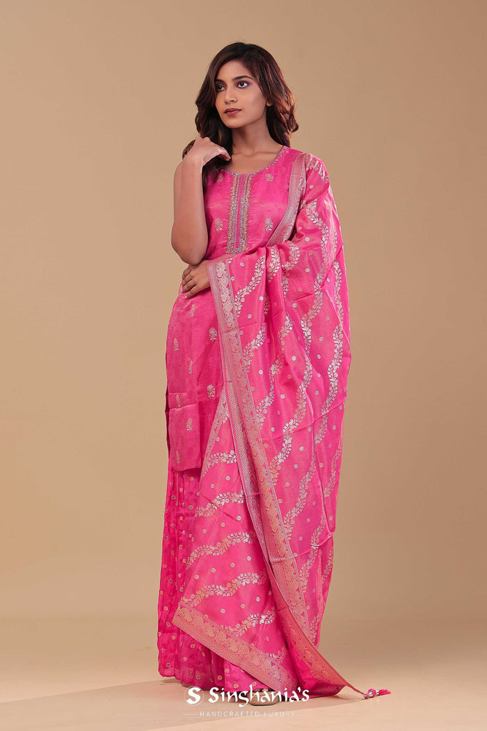 Bright Pink Banarasi Tissue Straight Cut Palazzo Set