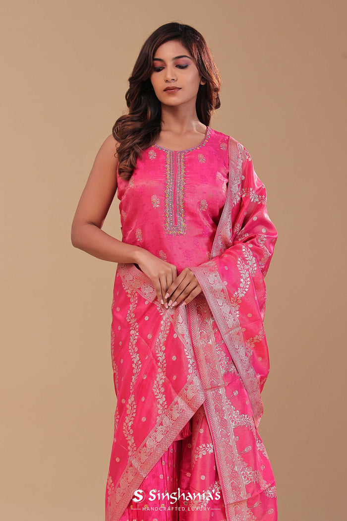 Bright Pink Banarasi Tissue Straight Cut Palazzo Set