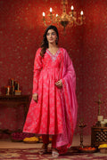 <img> Bright Pink Chanderi Bandhani Printed Anarkali Set
