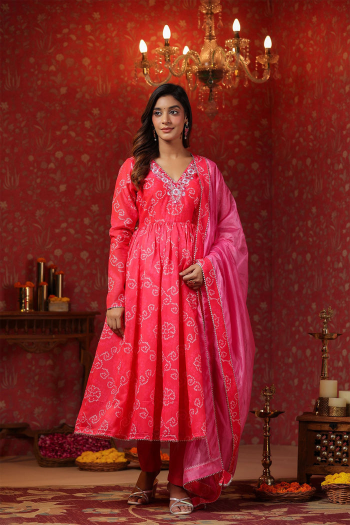<img> Bright Pink Chanderi Bandhani Printed Anarkali Set