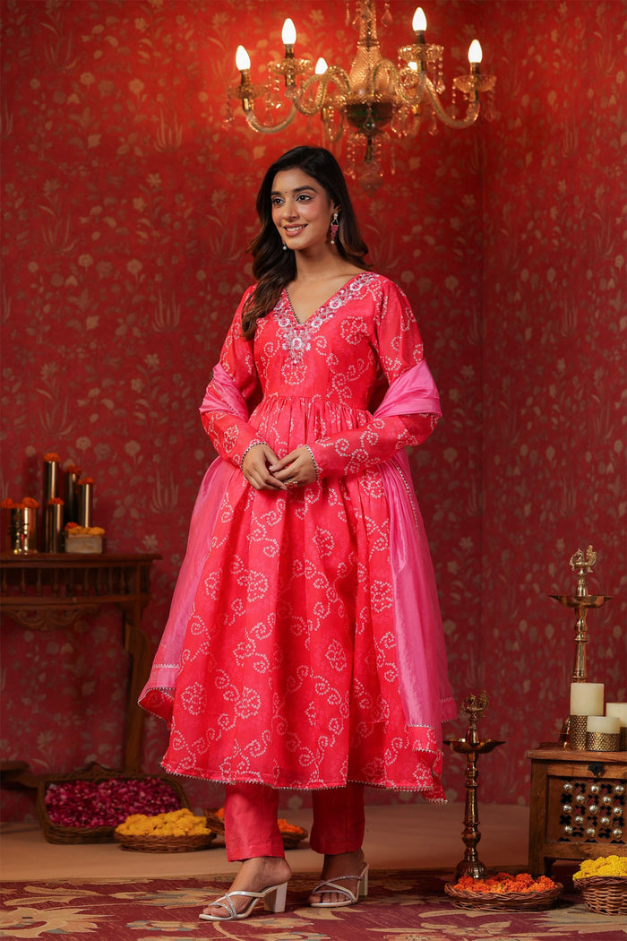 <img> Bright Pink Chanderi Bandhani Printed Anarkali Set