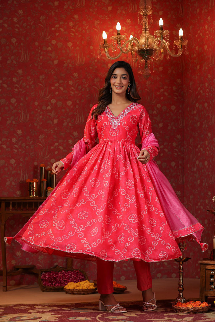 <img> Bright Pink Chanderi Bandhani Printed Anarkali Set