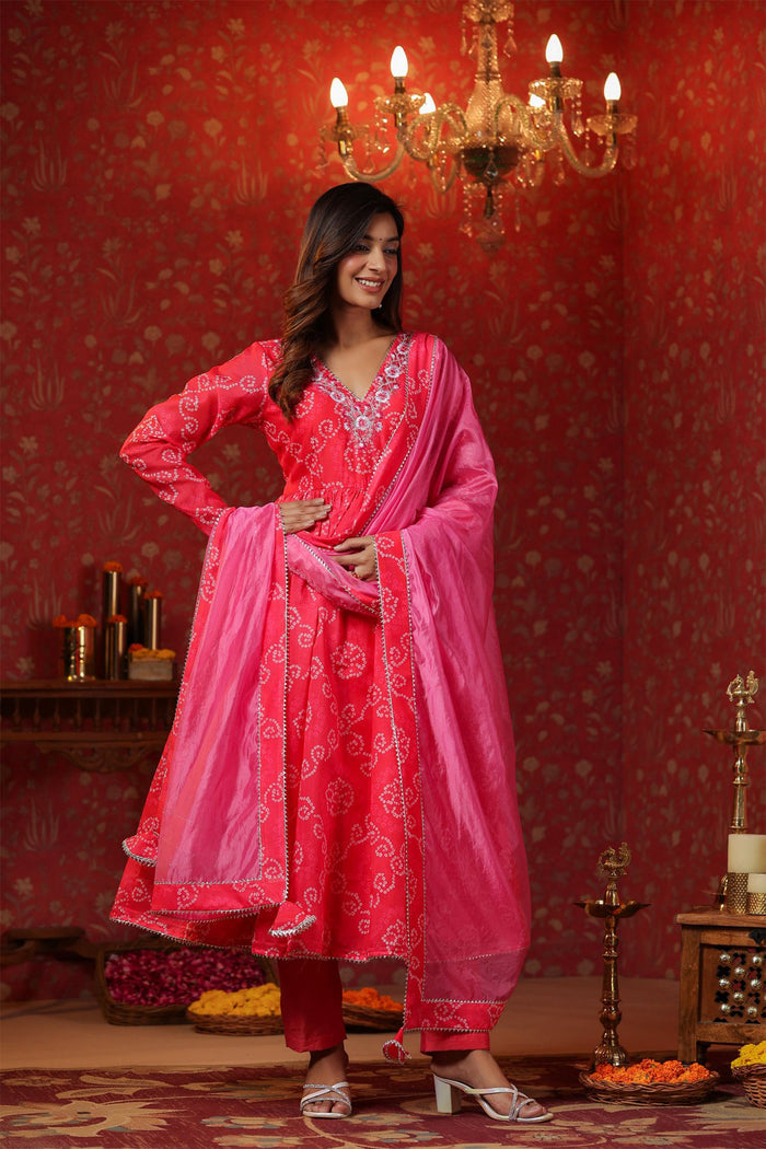 <img> Bright Pink Chanderi Bandhani Printed Anarkali Set