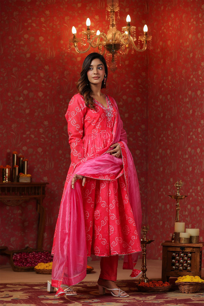 <img> Bright Pink Chanderi Bandhani Printed Anarkali Set