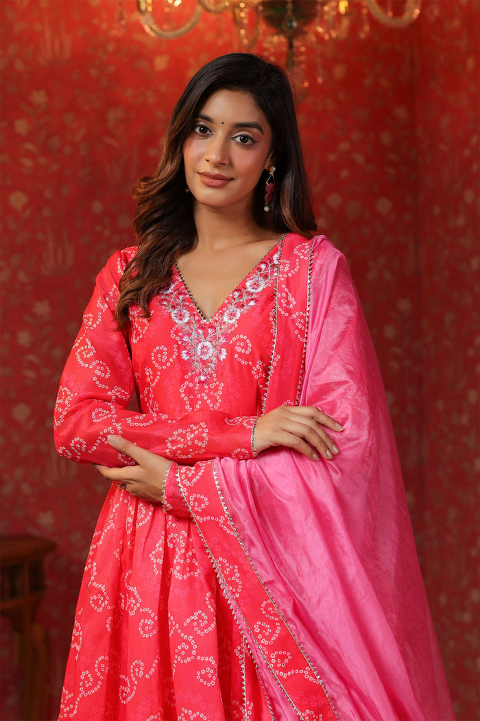 <img> Bright Pink Chanderi Bandhani Printed Anarkali Set