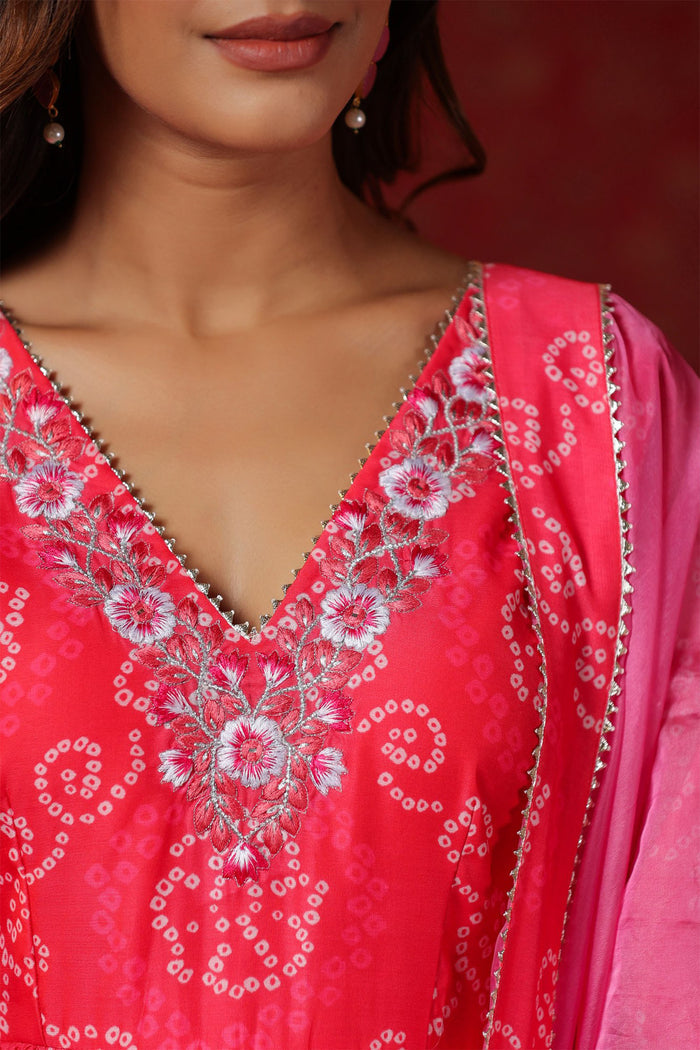 <img> Bright Pink Chanderi Bandhani Printed Anarkali Set