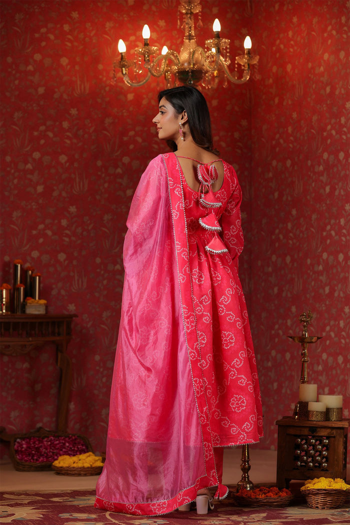 <img> Bright Pink Chanderi Bandhani Printed Anarkali Set