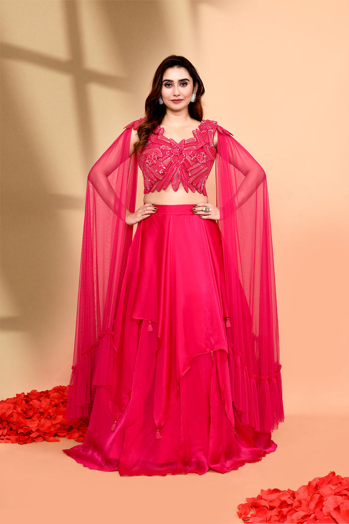 Bright Pink Crepe Embroidered Lehenga Set