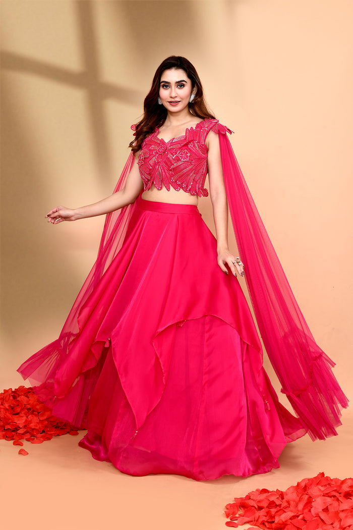 Bright Pink Crepe Embroidered Lehenga Set