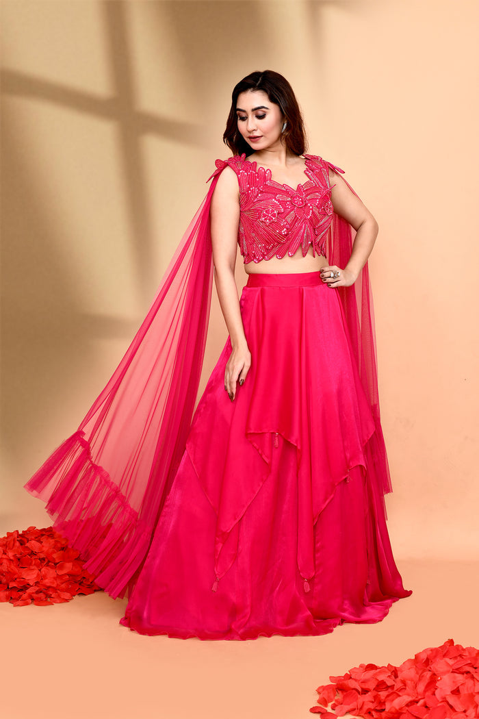 Bright Pink Crepe Embroidered Lehenga Set