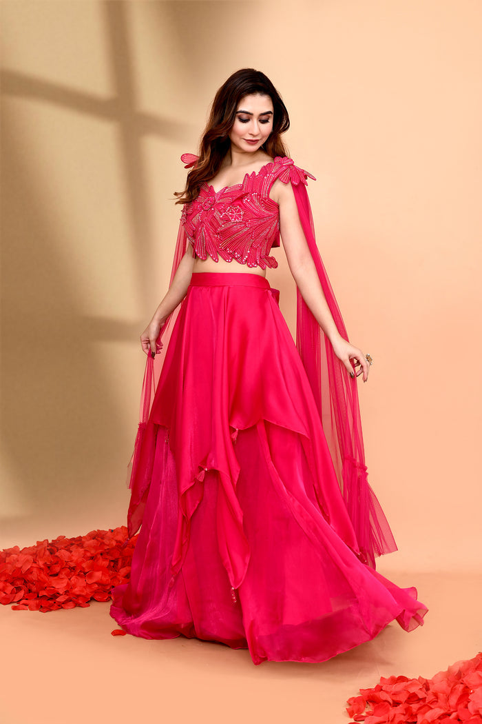 Bright Pink Crepe Embroidered Lehenga Set