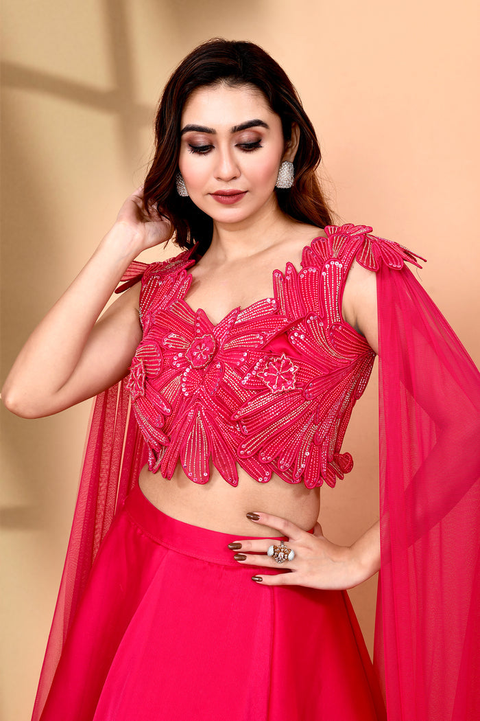 Bright Pink Crepe Embroidered Lehenga Set