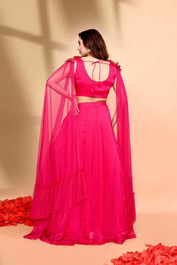 Bright Pink Crepe Embroidered Lehenga Set