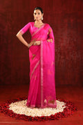 Bright Pink Embroidered Gomatha Organza Saree