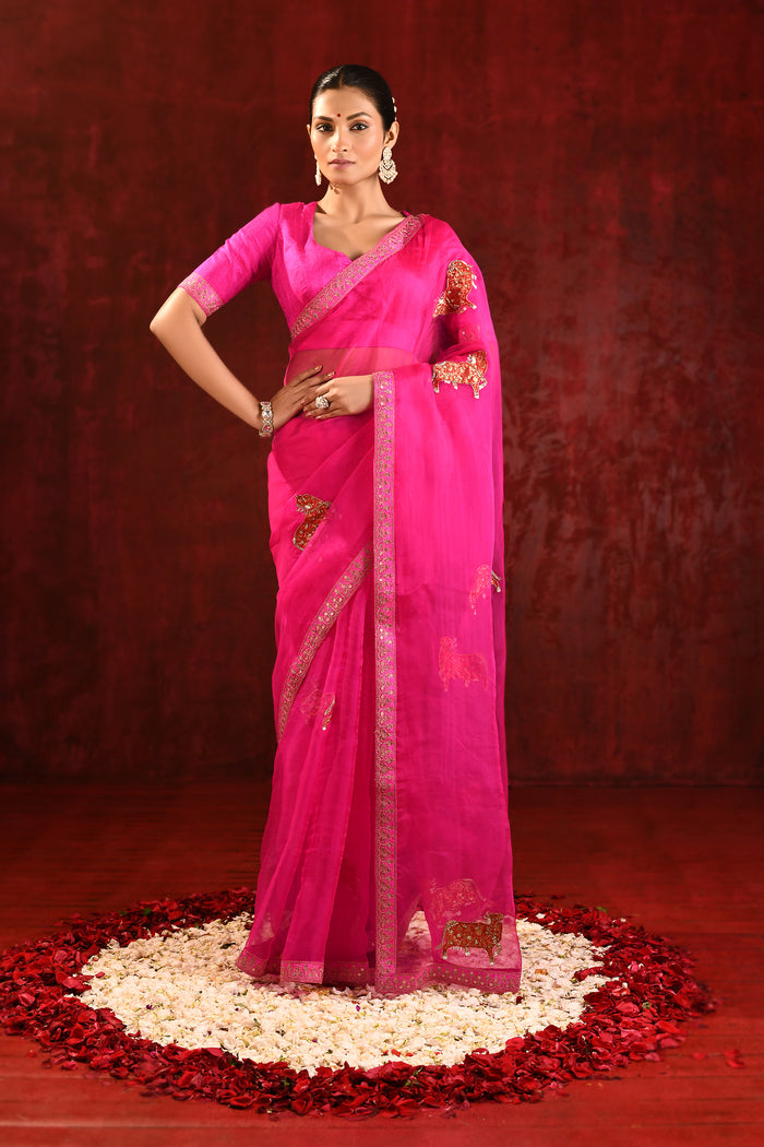 Bright Pink Embroidered Gomatha Organza Saree