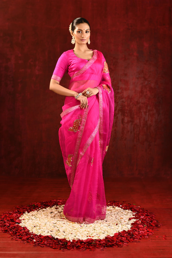 Bright Pink Embroidered Gomatha Organza Saree