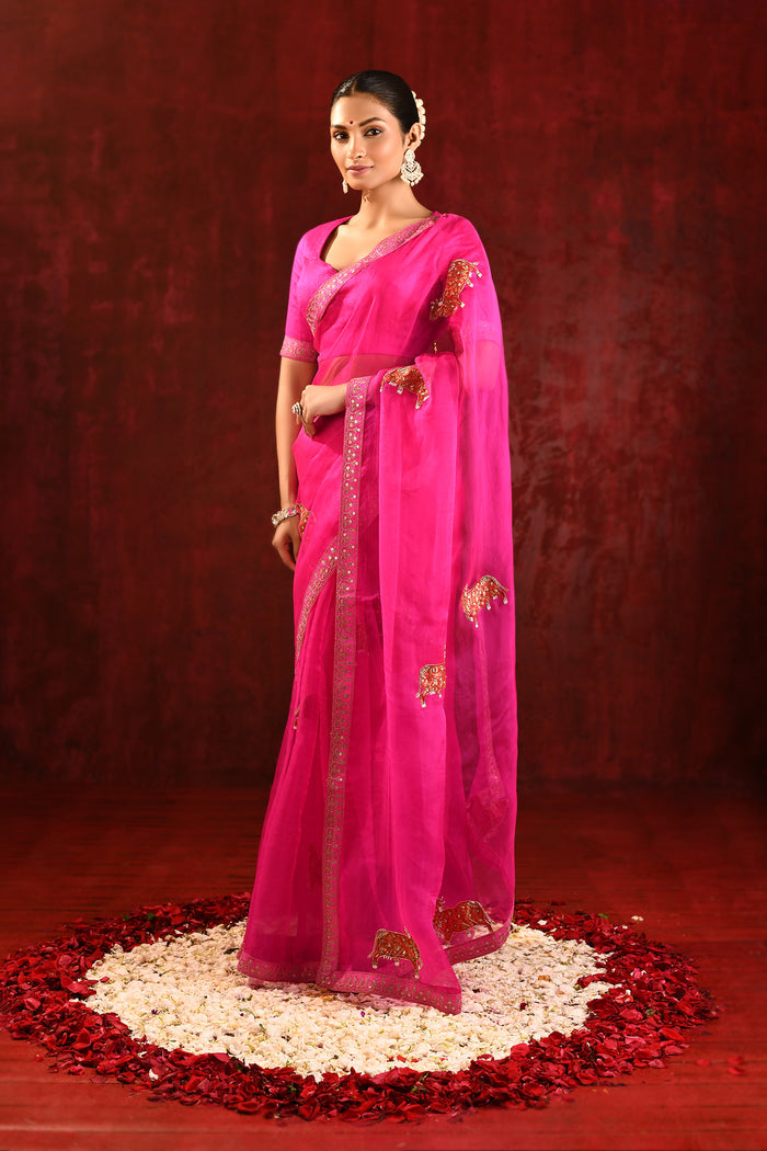 Bright Pink Embroidered Gomatha Organza Saree