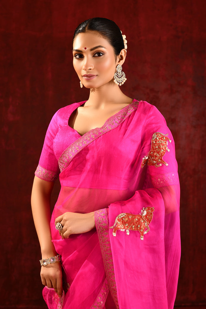 Bright Pink Embroidered Gomatha Organza Saree