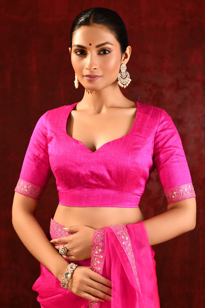 Bright Pink Embroidered Gomatha Organza Saree