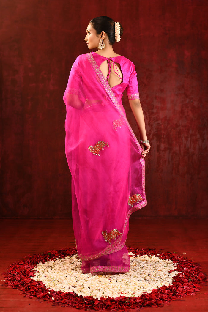Bright Pink Embroidered Gomatha Organza Saree