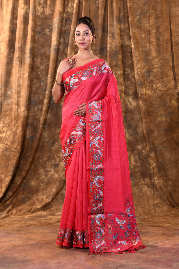 Bright Pink Embroidered Tussar Saree