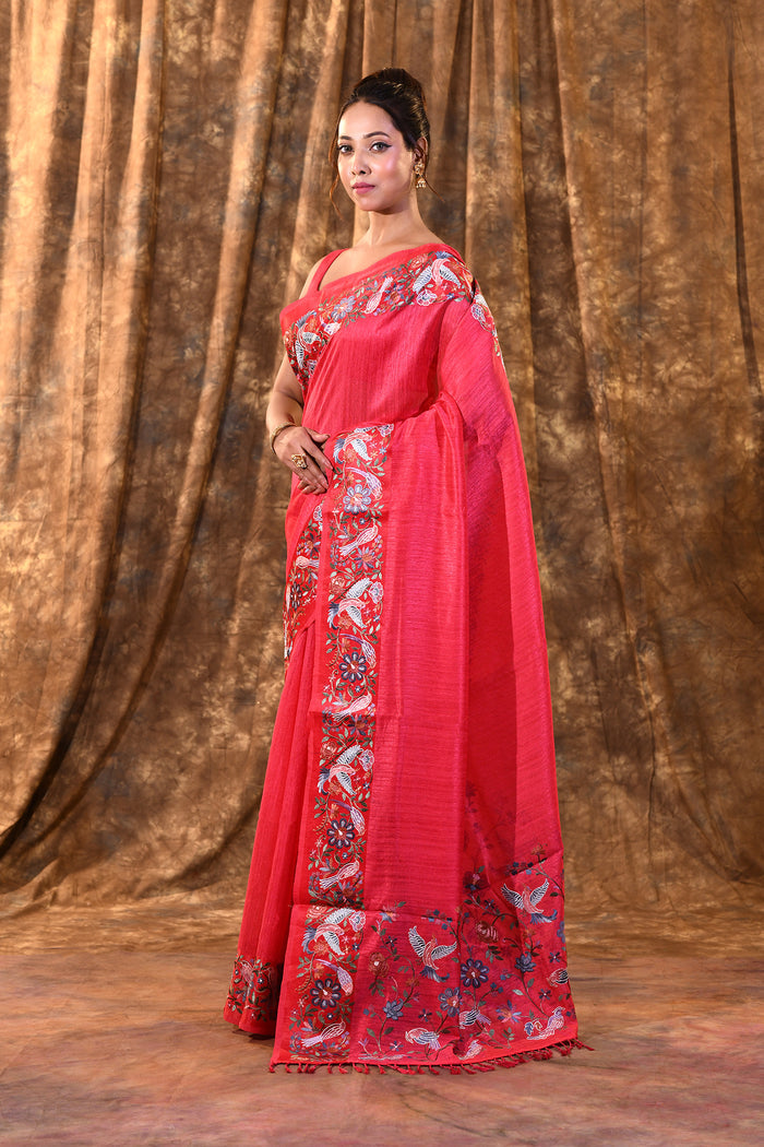 Bright Pink Embroidered Tussar Saree