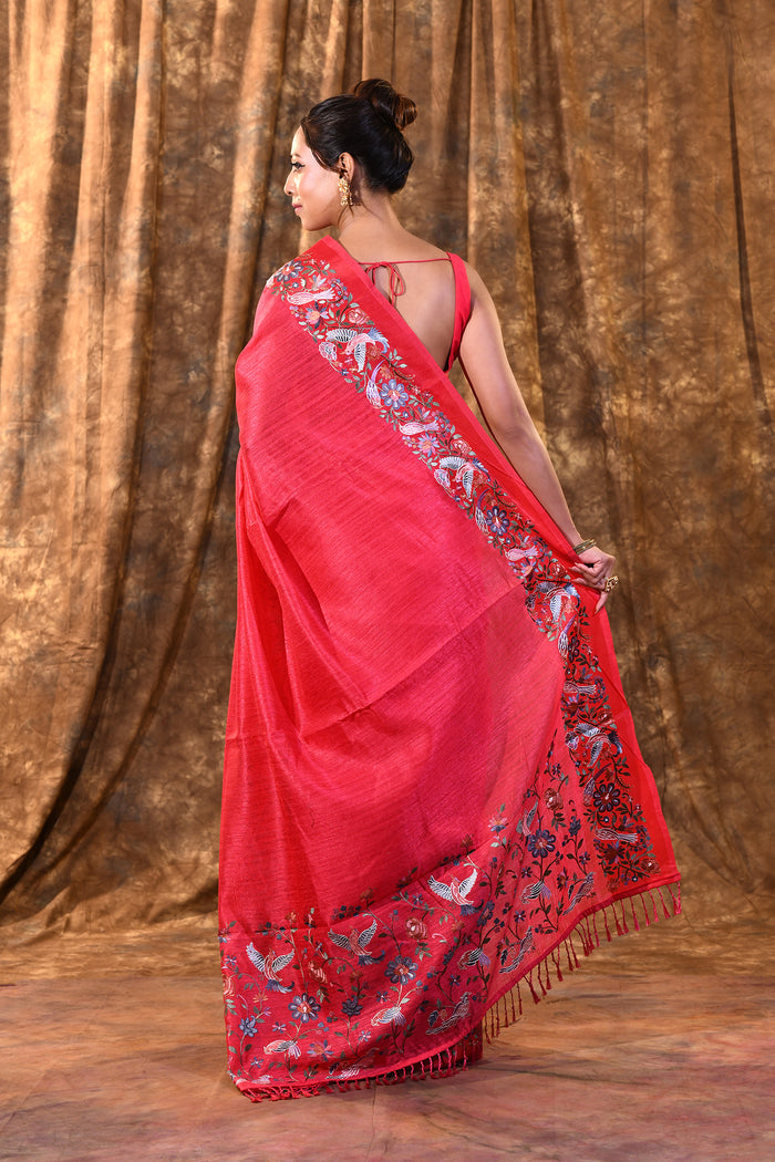 Bright Pink Embroidered Tussar Saree
