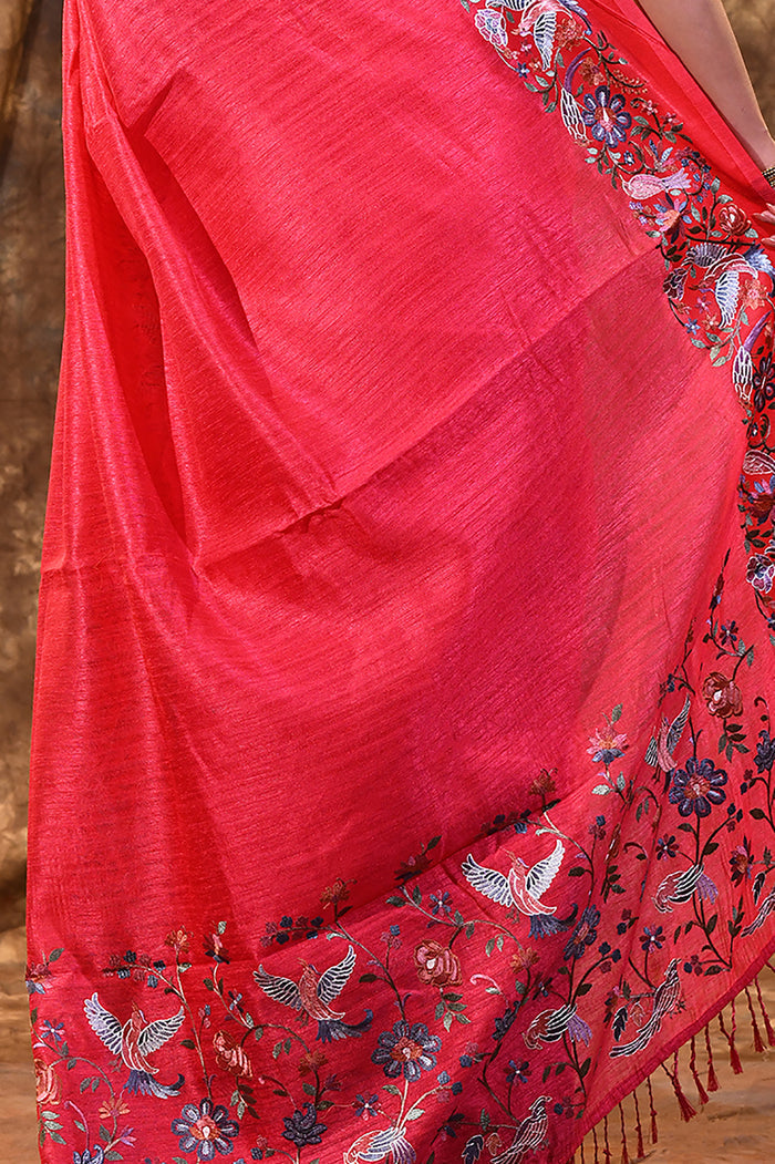 Bright Pink Embroidered Tussar Saree
