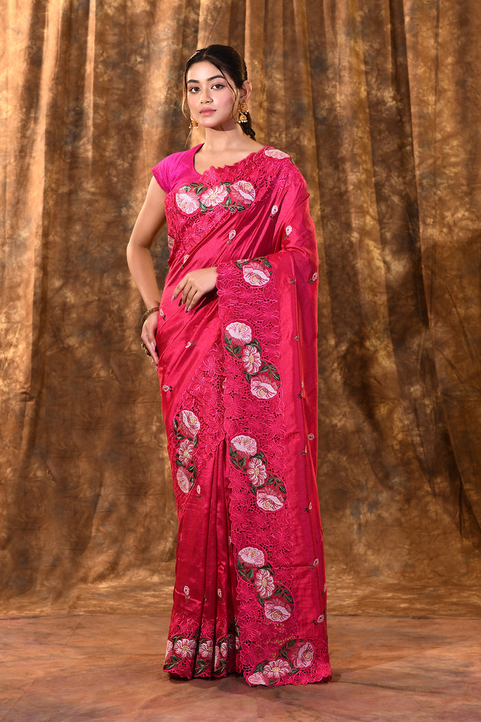 Bright Pink Floral Silk Saree