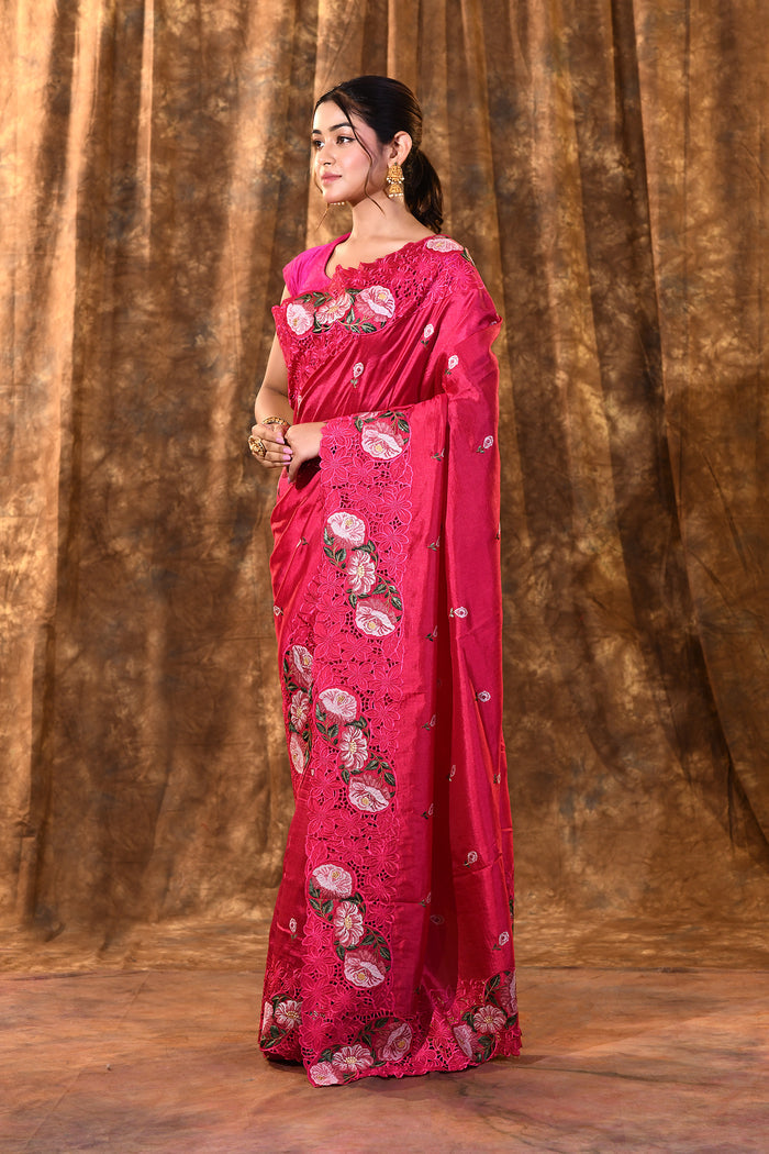 Bright Pink Floral Silk Saree
