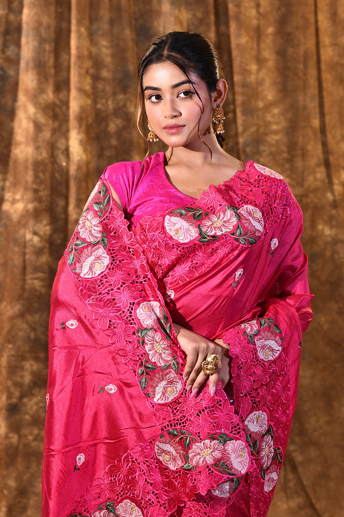 Bright Pink Floral Silk Saree