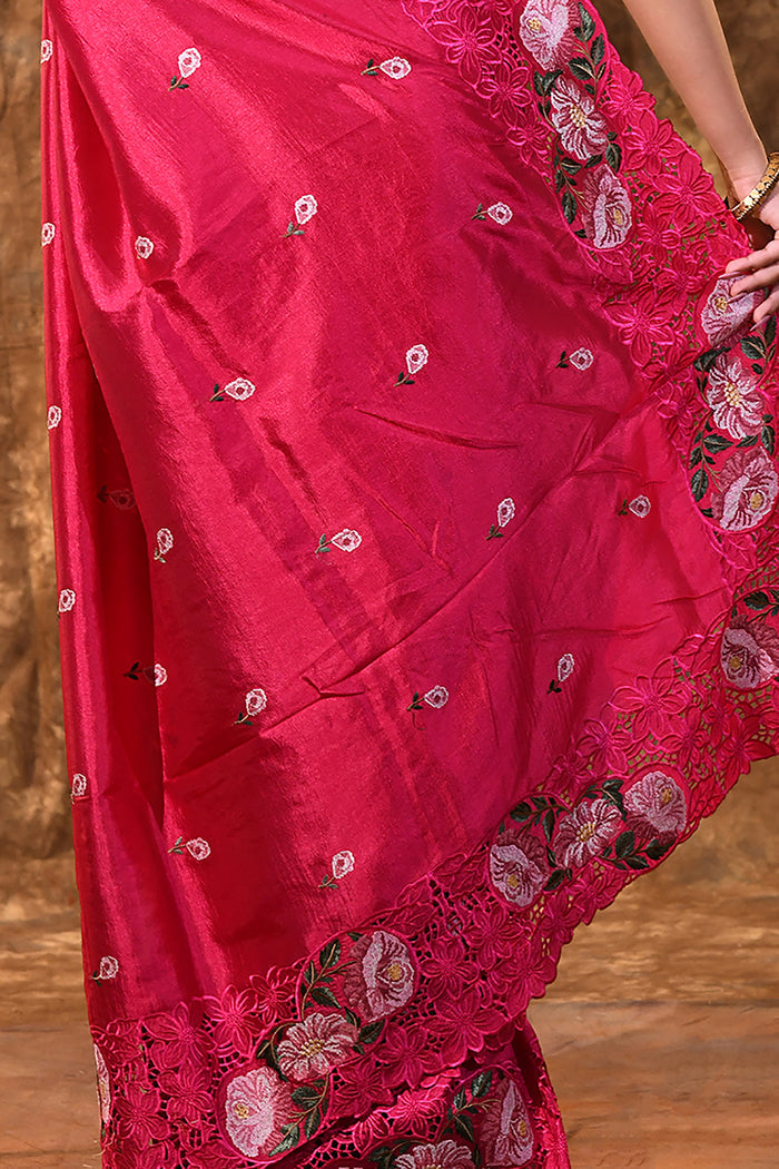 Bright Pink Floral Silk Saree