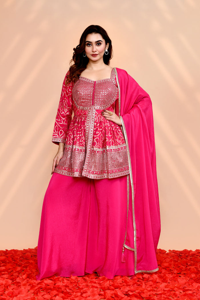 Bright Pink Georgette Bandhani Sharara Set